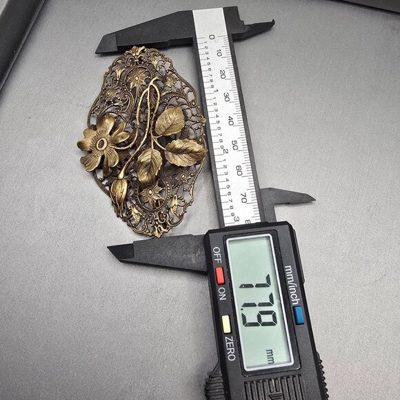 VTG Art Nouveau Floral Filigree Sash Pin 4" Stamped Brass C Clasp Brooch - Picture 5 of 8